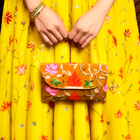 Handcrafted Cotton Embroidered Clutch with Gold Chain